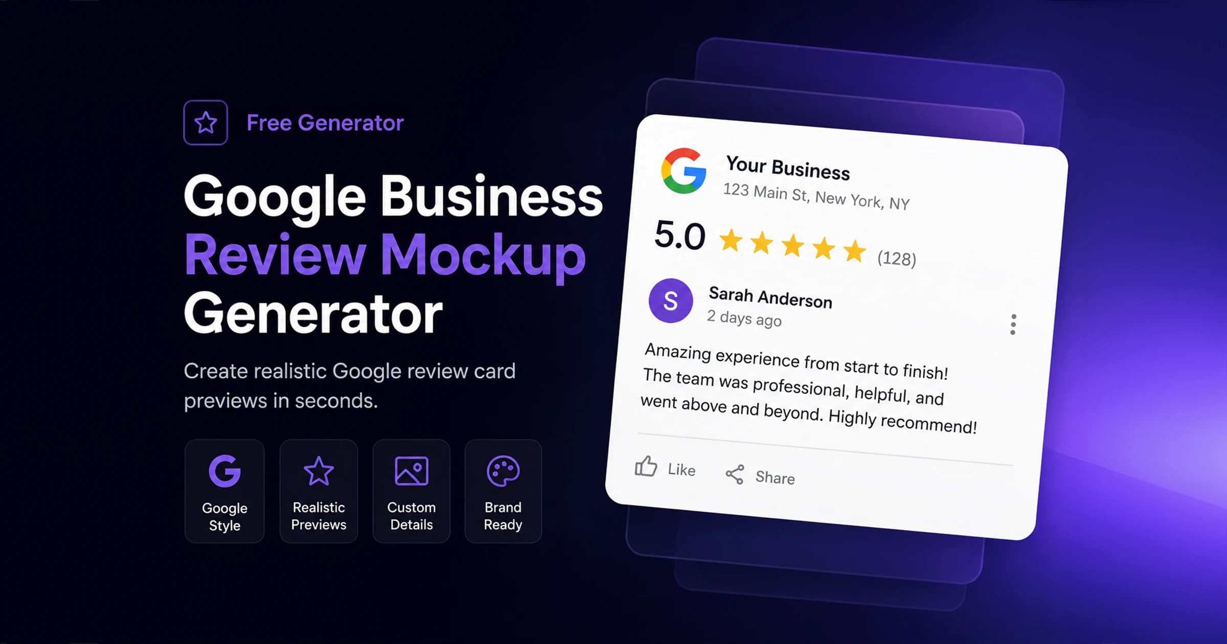 Google Business review mockup with star rating, reviewer avatars, and review bodies — created with the AdSights free generator.