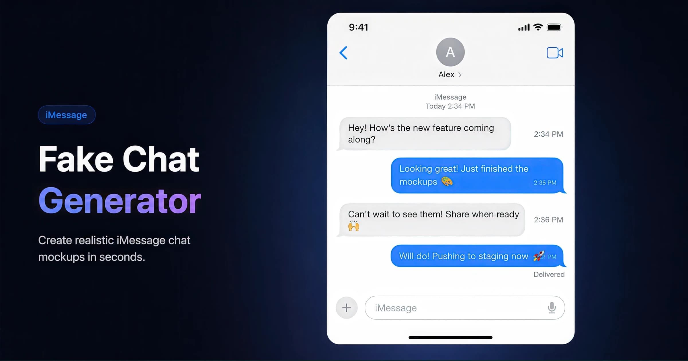 iMessage chat mockup with blue iMessage bubbles and contact names — created with the AdSights free generator.