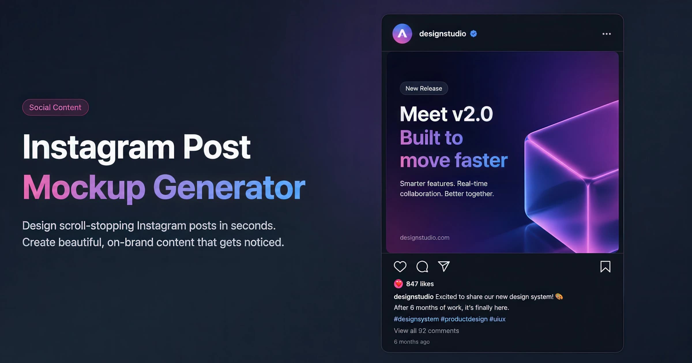 Instagram post mockup preview with likes, comments, and verified badge — created with the AdSights free generator.