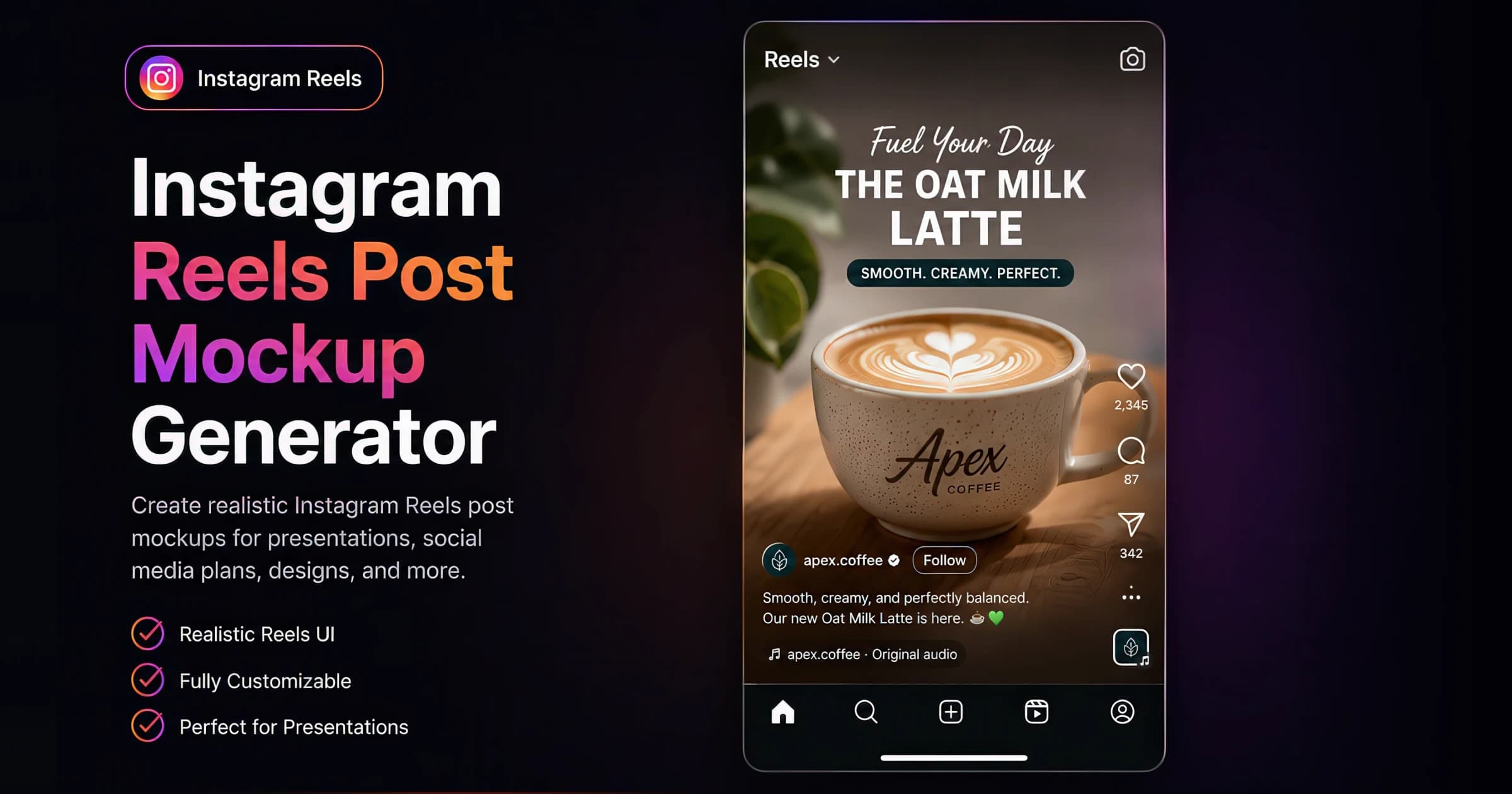Instagram Reels mockup with caption, audio row, and the like/comment/save/share action rail — created with the AdSights free generator.
