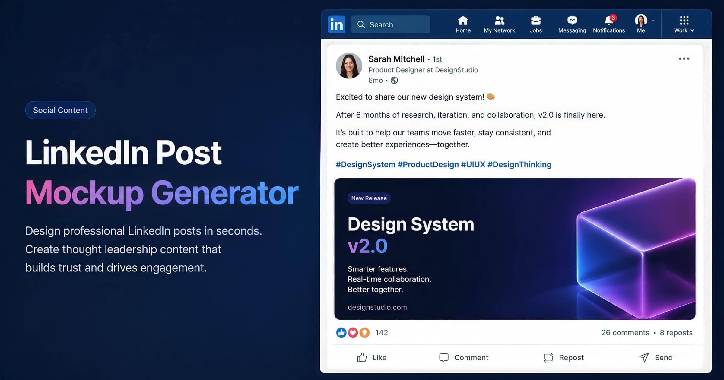 LinkedIn post mockup with reactions, comments, and reposts — created with the AdSights free generator.