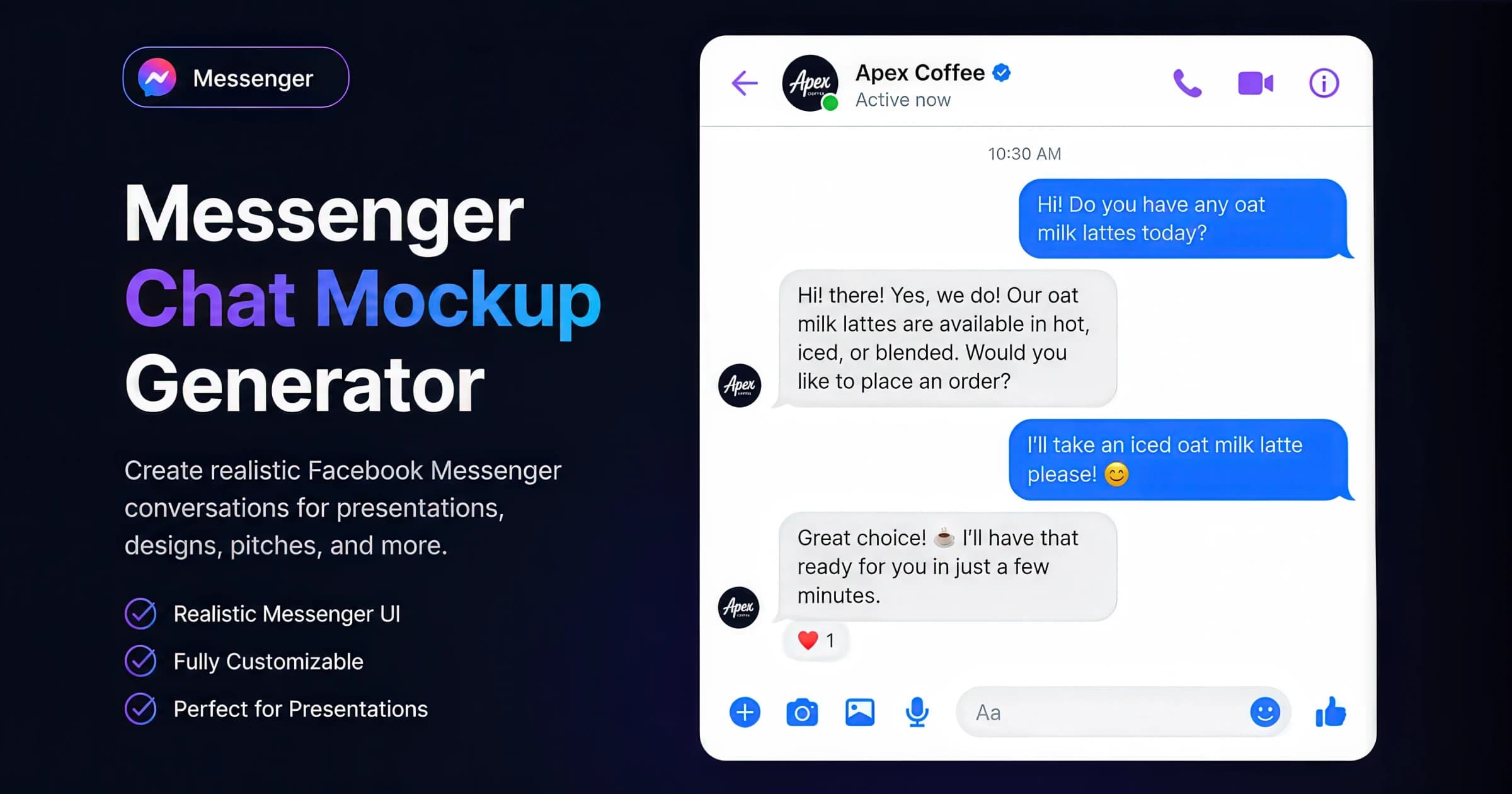 Facebook Messenger chat mockup with blue gradient bubbles, avatars, and an Active now header — created with the AdSights free generator.