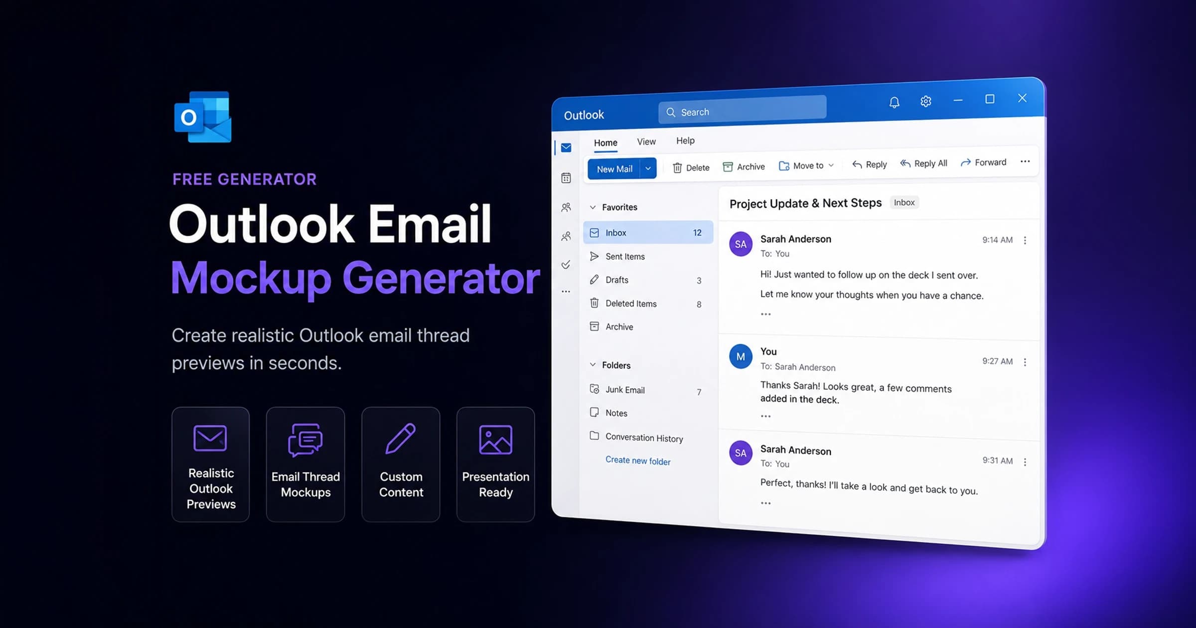 Outlook email thread mockup with multiple replies — created with the AdSights free generator.
