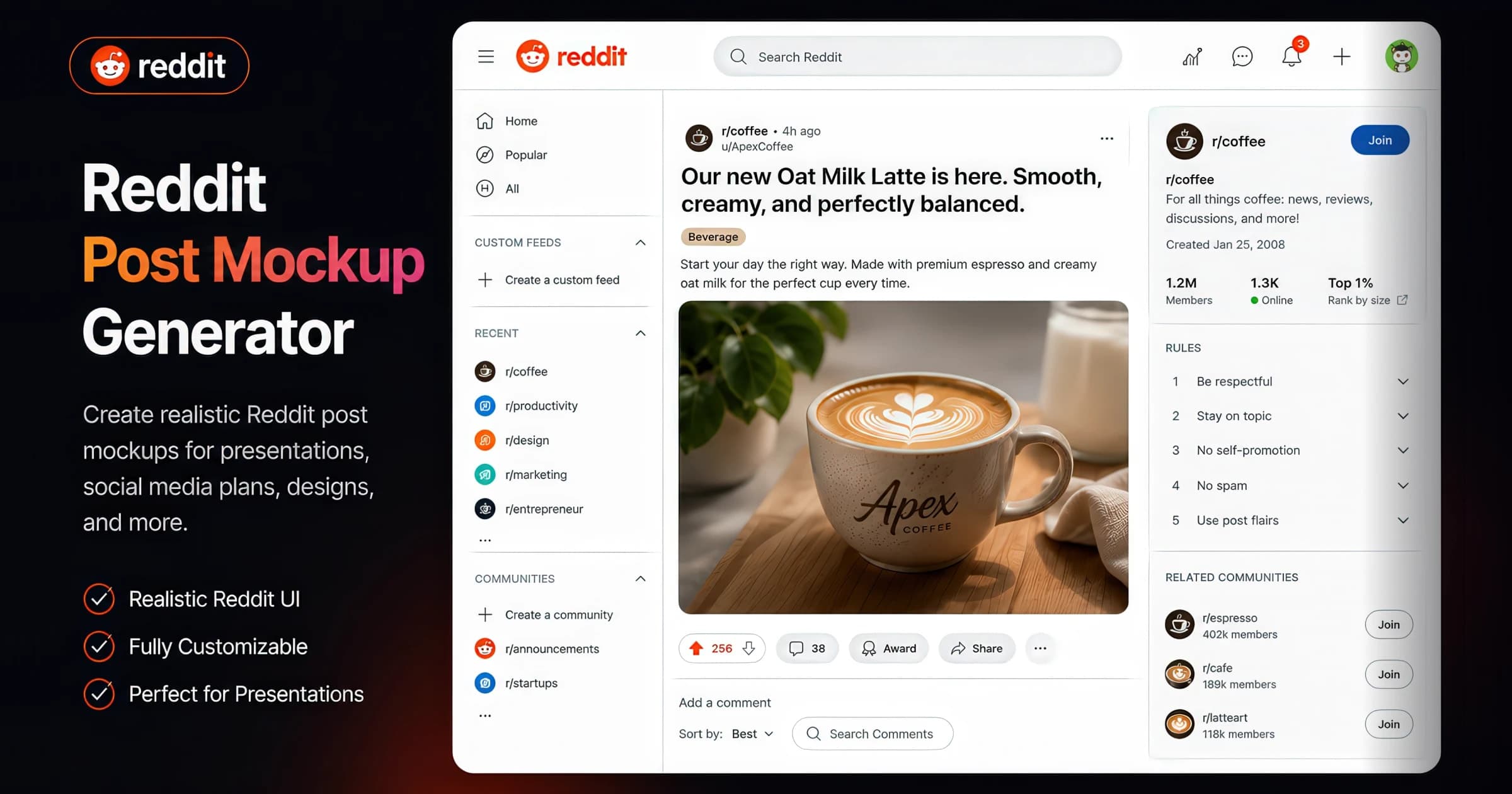 Reddit post mockup with subreddit byline, title, vote pill, comments, and award — created with the AdSights free generator.