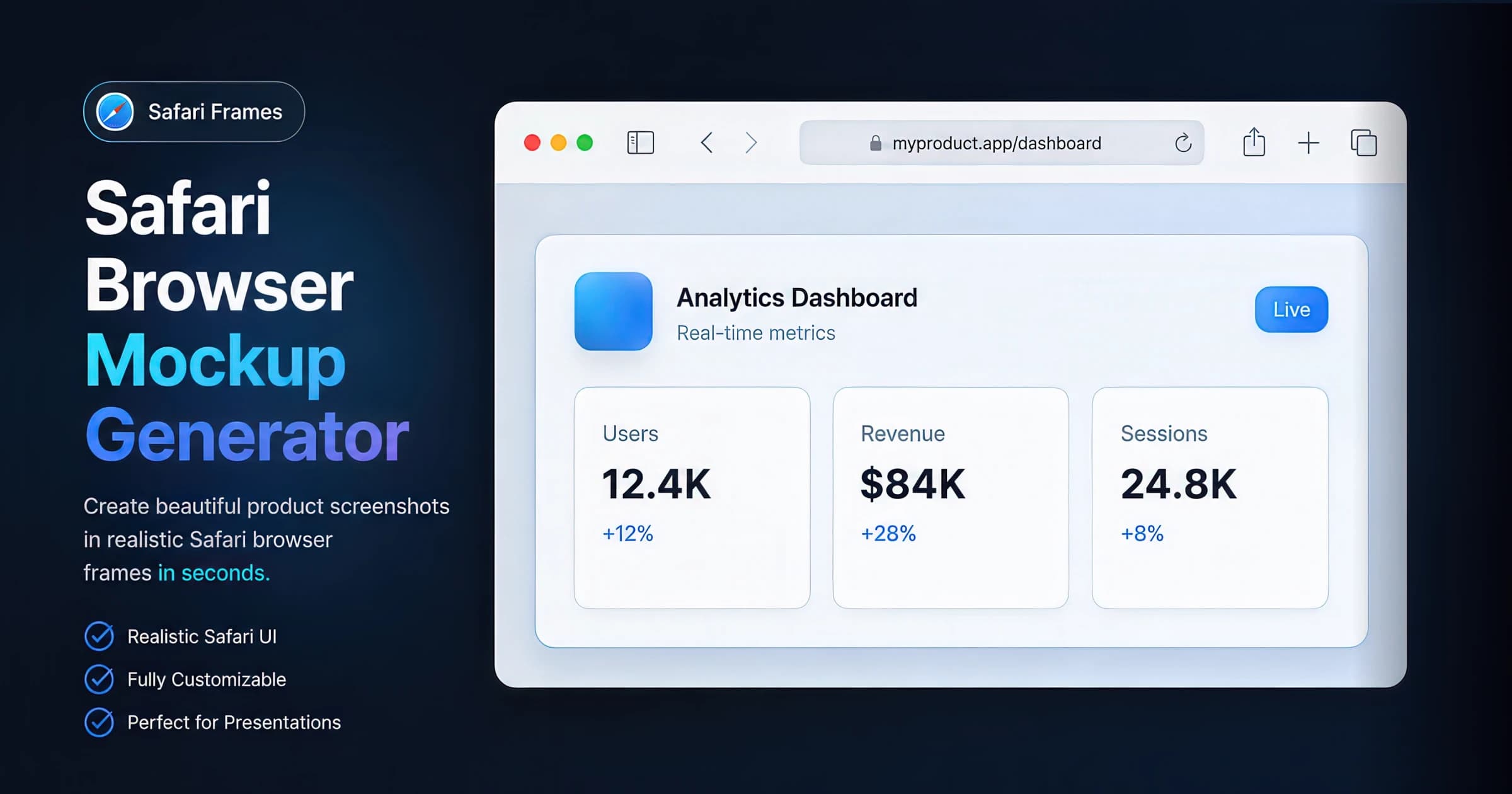 Safari browser mockup with unified toolbar, centered address field, and a product dashboard screenshot — created with the AdSights free generator.