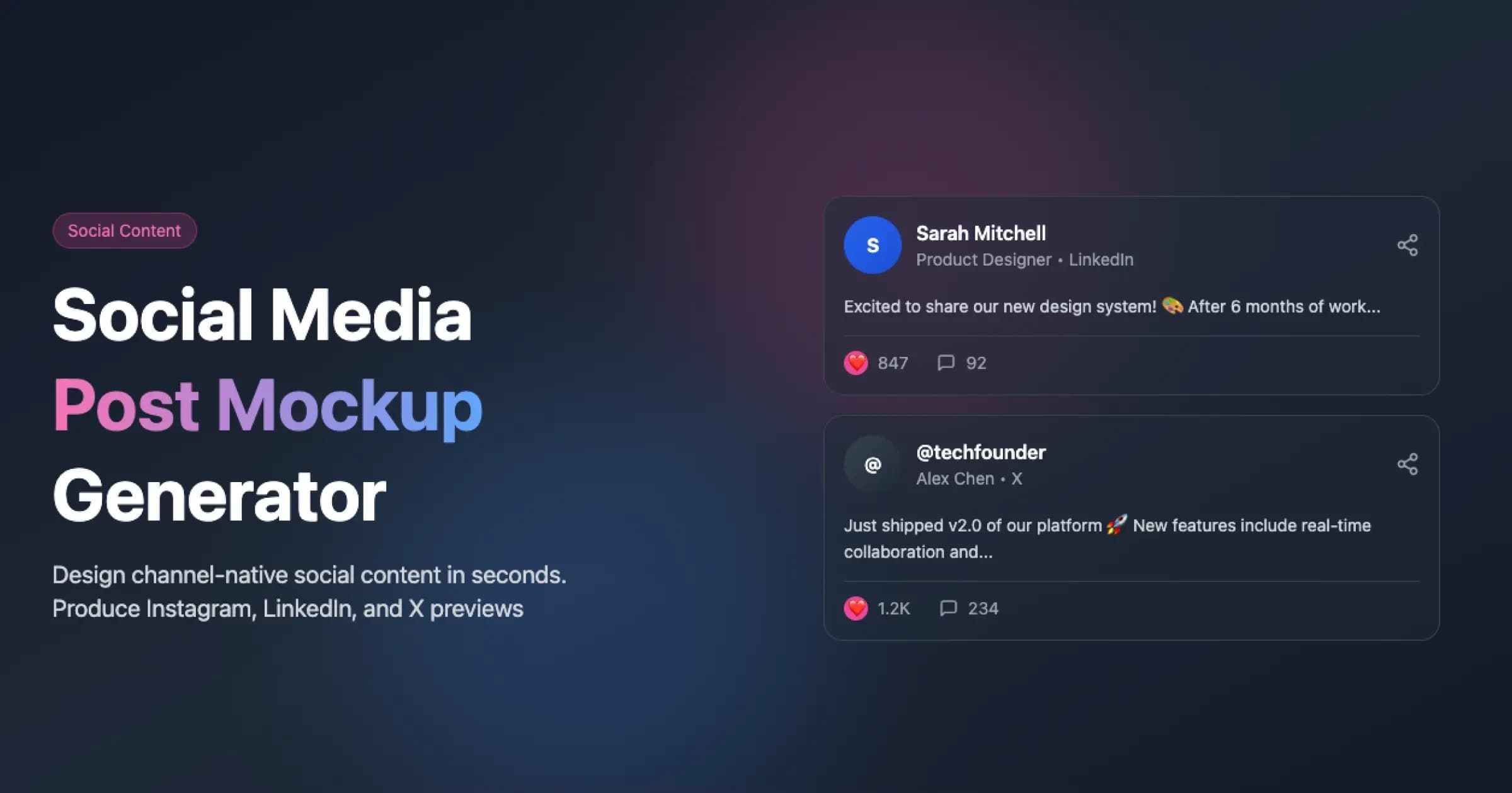 Social media post mockups for Instagram, LinkedIn, and X styled on a gradient background. Example shows realistic engagement metrics and branding options.