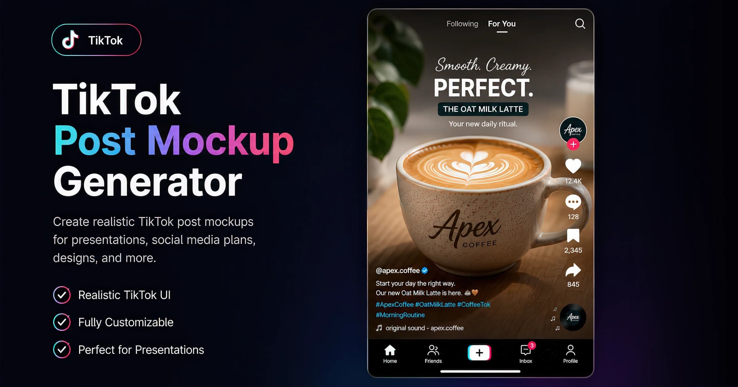 TikTok post mockup with caption, sound row, and the like/comment/save/share action rail — created with the AdSights free generator.