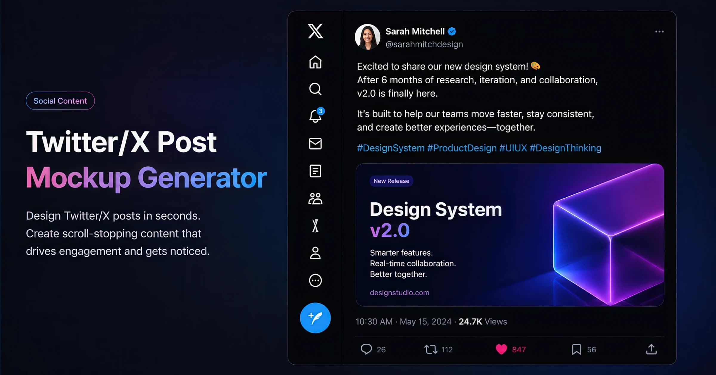 X (Twitter) post mockup with replies, retweets, and likes — created with the AdSights free generator.