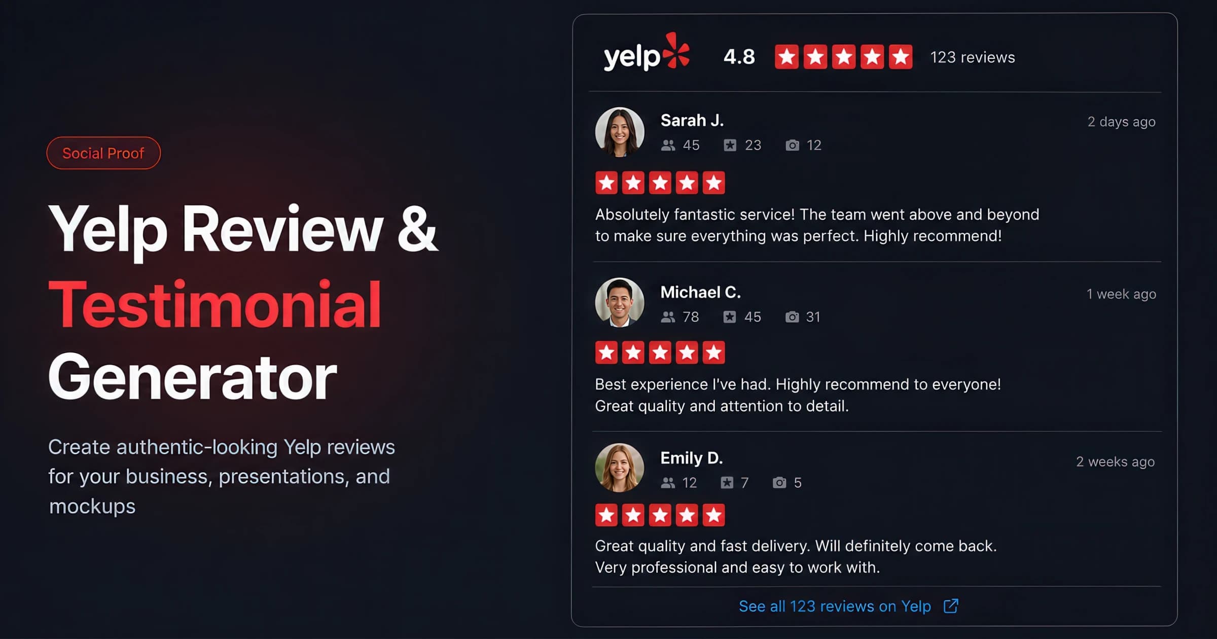 Yelp review mockup with red star rating, reviewer avatars, and review bodies — created with the AdSights free generator.