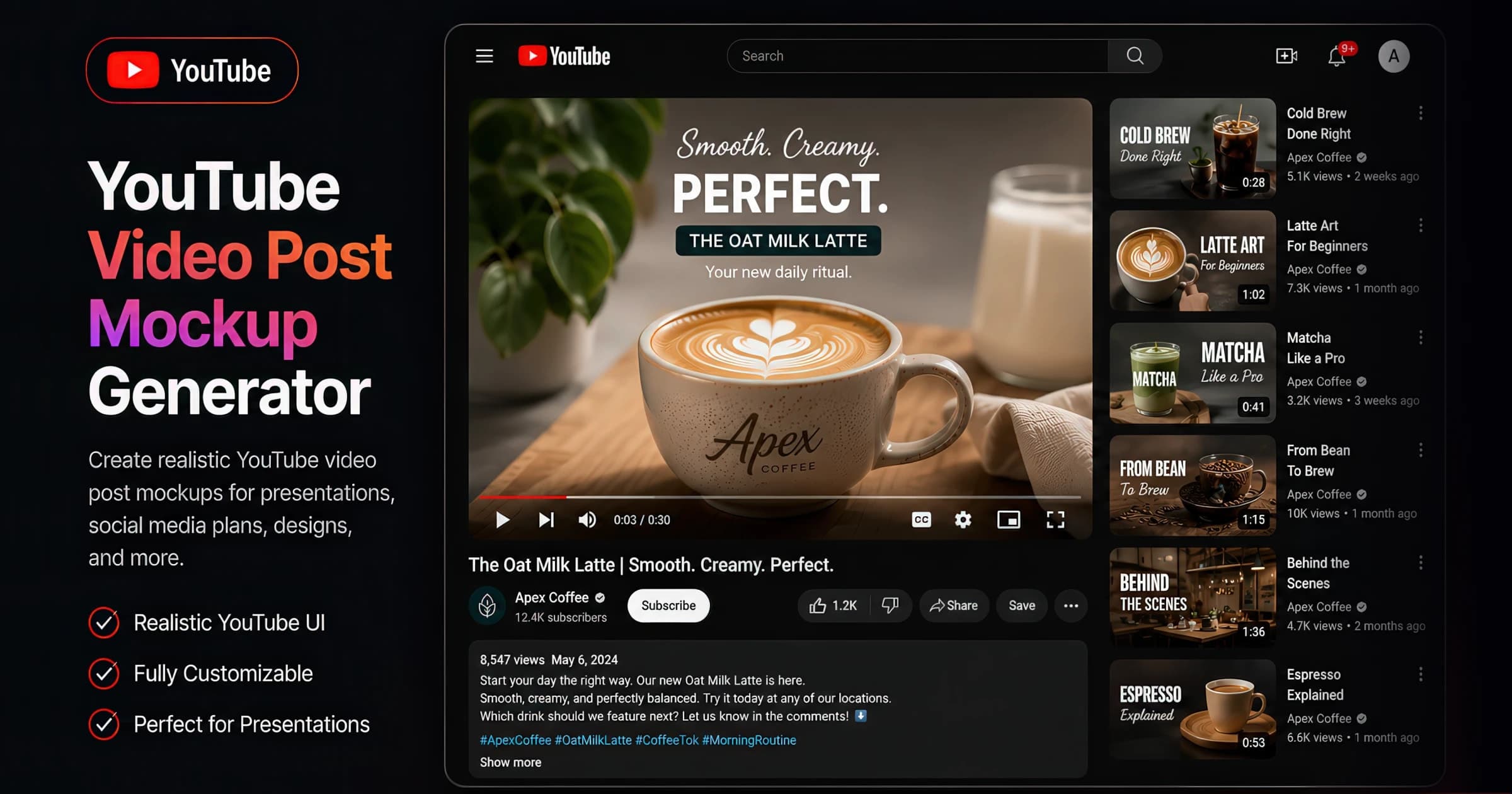 YouTube video card mockup with thumbnail, duration badge, channel, and view count — created with the AdSights free generator.